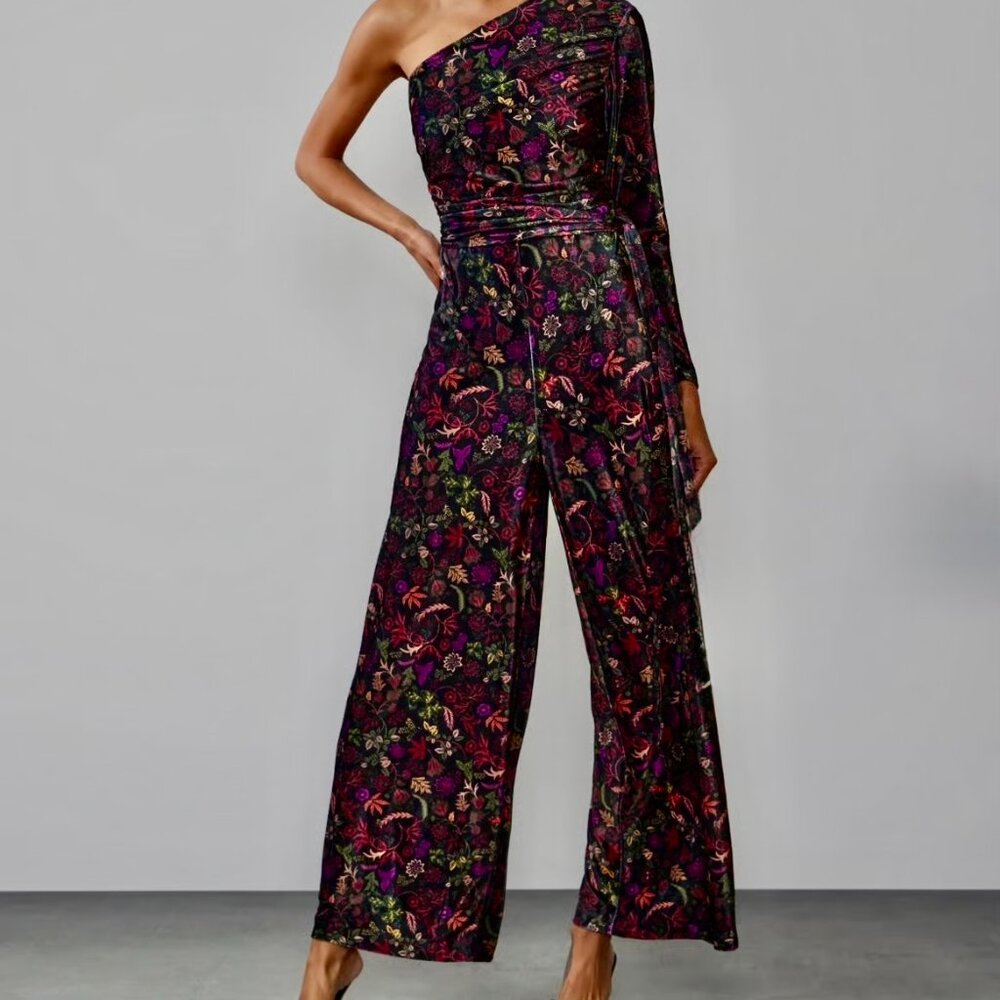 New York & Company One Shoulder Ruched Velvet Floral Jumpsuit Romper Size L NWT